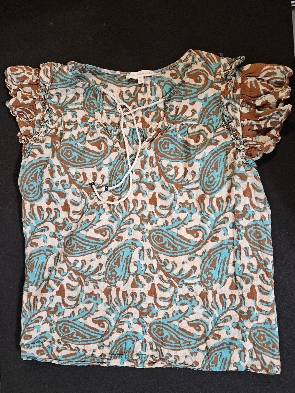 House of Harlow 1960 Turquoise and Brown Paisley Tie-Front Top